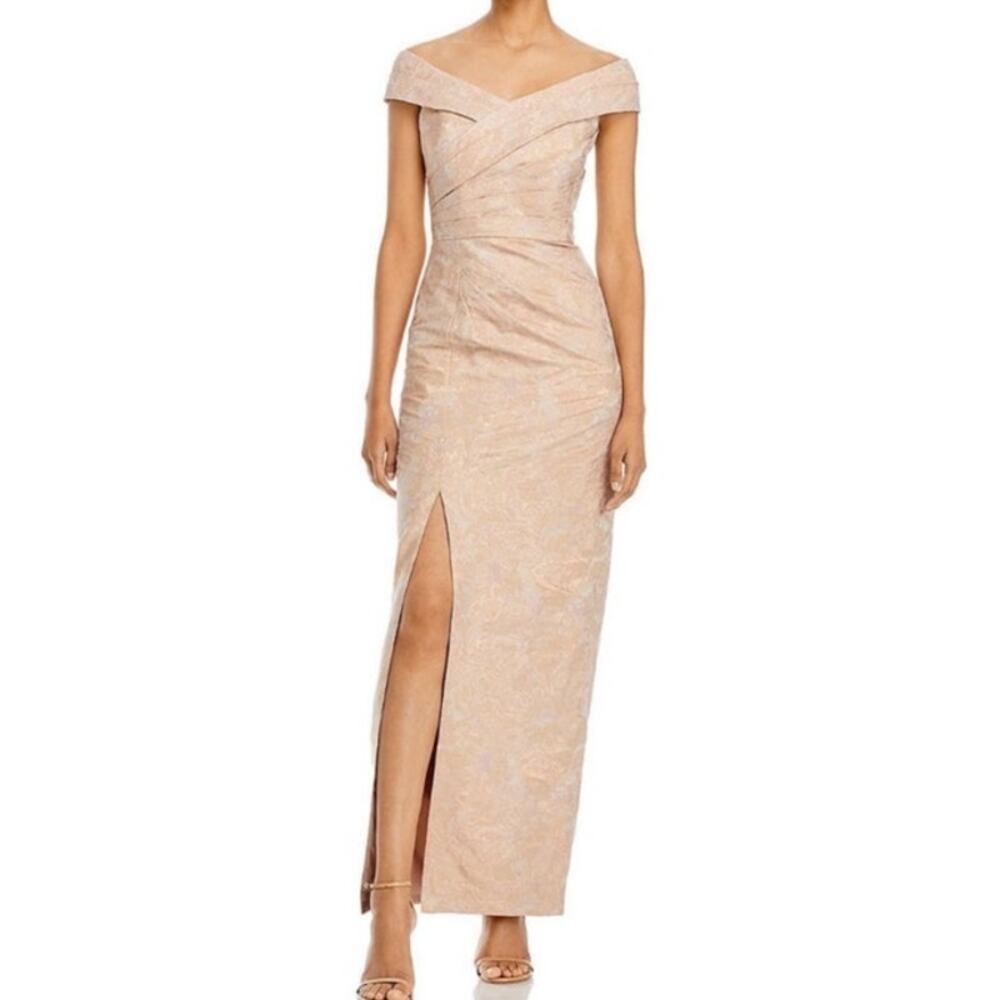 Aidan Mattox Rose Gold Off Shoulder Jacquard Evening Gown Sz 12 NWT